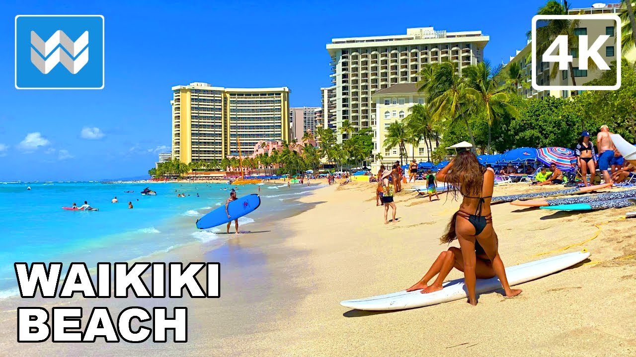 [4K] Waikiki Beach in Honolulu Hawaii - Walking Tour & Travel Guide 🎧 Relaxing Ocean Waves Sounds